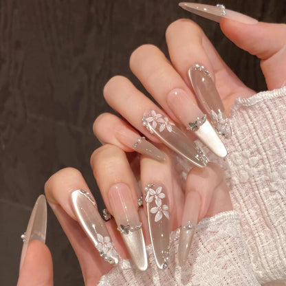 Luxury nude floral press on nails with 3D flowers and silver crystal details