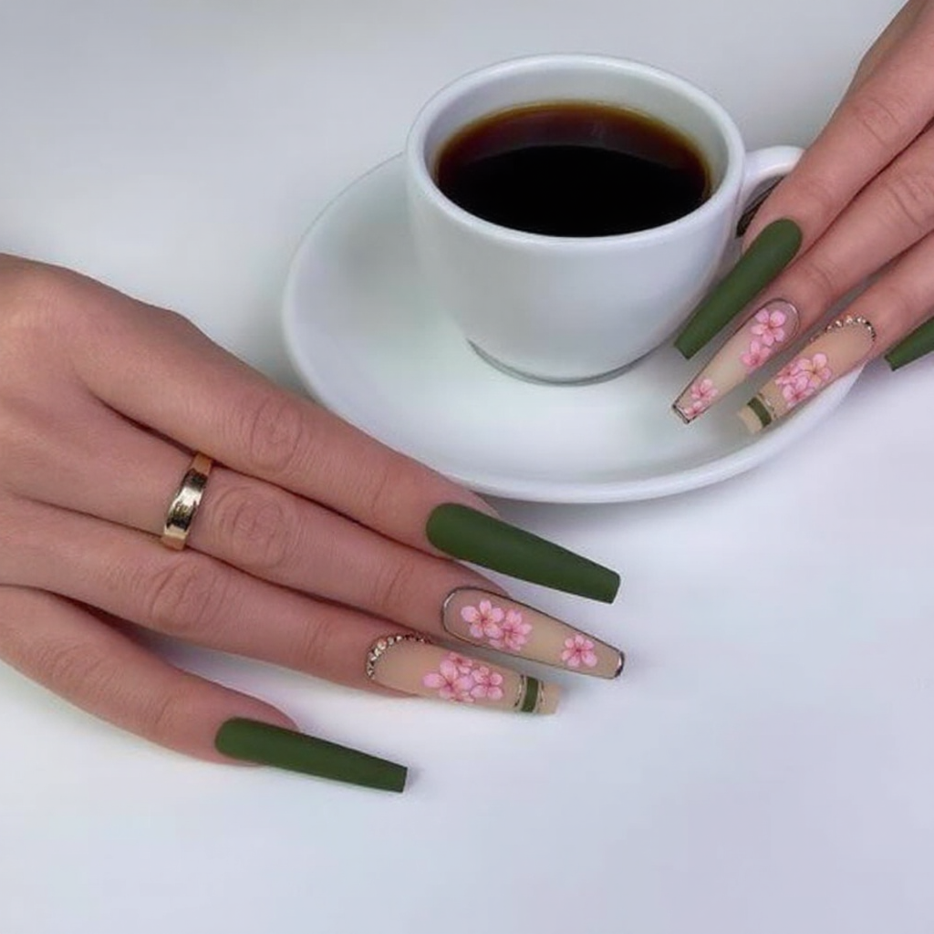 Luxury olive green press on nails featuring pink cherry blossom floral nail art