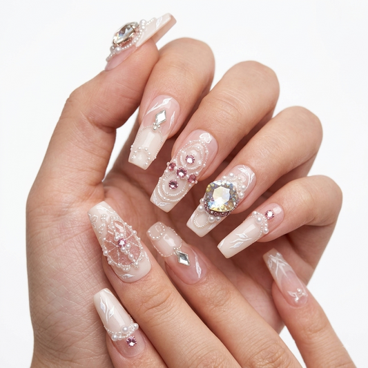 Luxury pink crystal press on nails with pearls and 3D rhinestone details