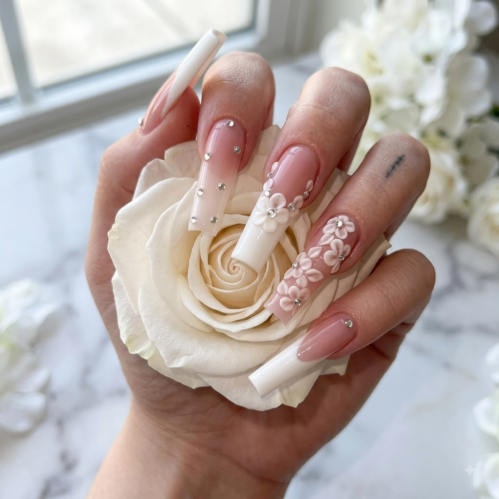 Luxury pink floral press on nails with 3D flowers holding a white rose