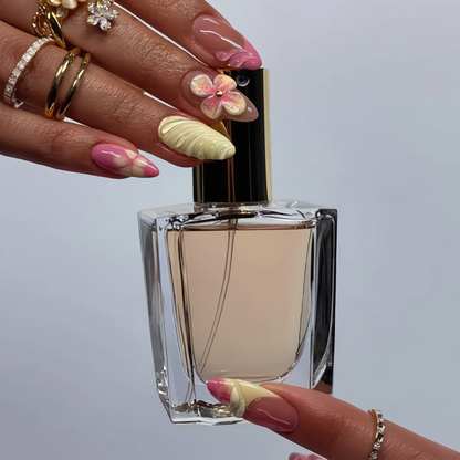 Luxury pink flower press on nails with 3D textured nail art and pastel details