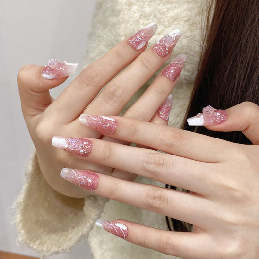 Luxury pink glitter floral press on nails with 3D flower design