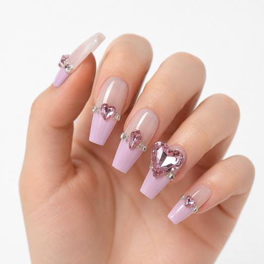 Luxury pink heart rhinestone press on nails with pastel purple French tips