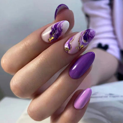 Luxury purple press on nails with marble design and glossy almond shape