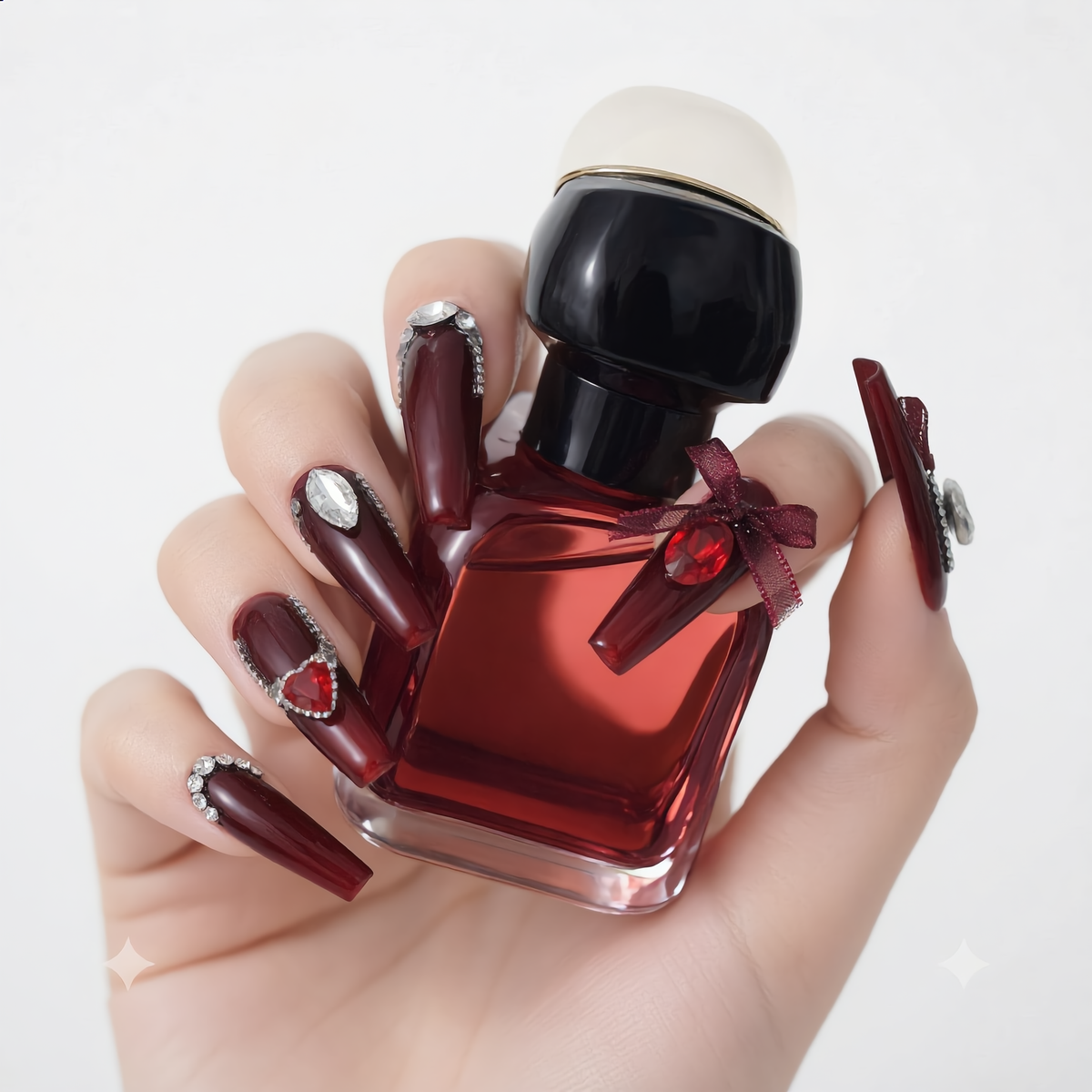 Luxury wine red press on nails with rhinestones and 3D bow design
