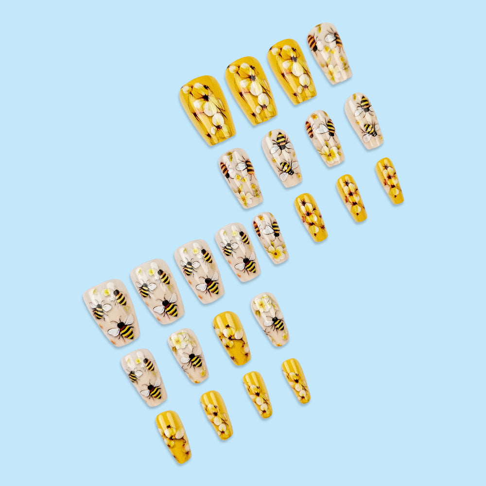 Luxury yellow spring bee nail design with 3D flowers press on nails3