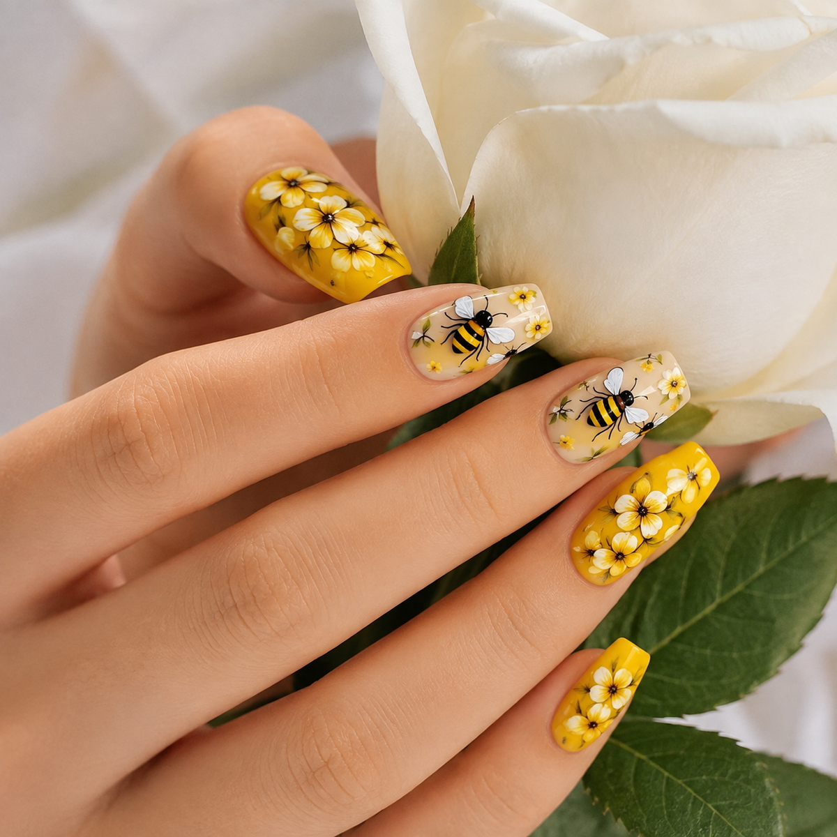 Luxury yellow spring bee nail design with 3D flowers press on nails