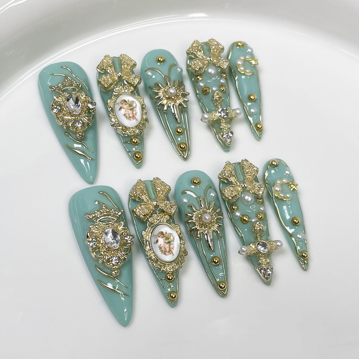 Mint Green Luxury 3D Press On Nails with gold charms, pearls and rhinestones