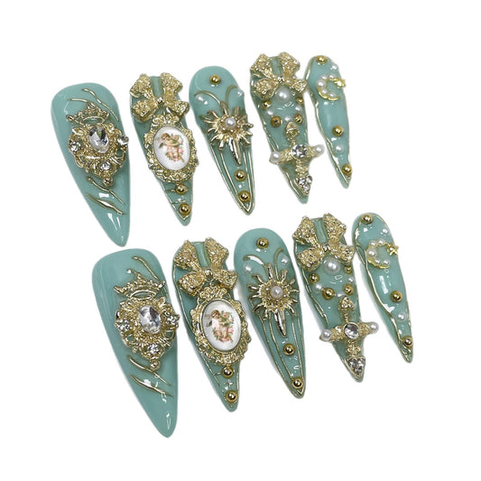 Mint Green Luxury 3D Press On Nails with gold charms, pearls and rhinestones