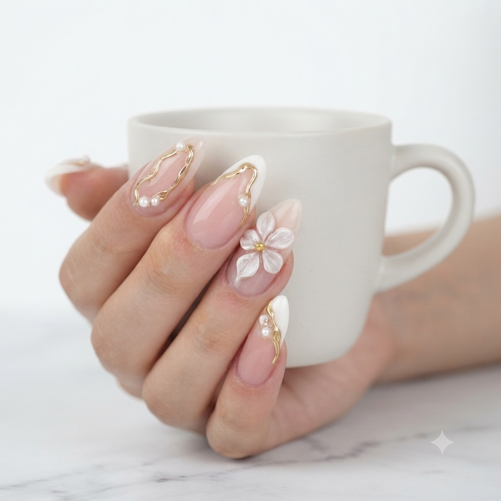 Nude Pink Press On Nails – 3D White Flower Gold Pearl Nails