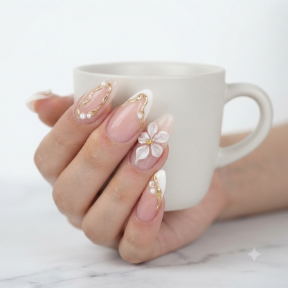 Nude Pink Press On Nails – 3D White Flower Gold Pearl Nails