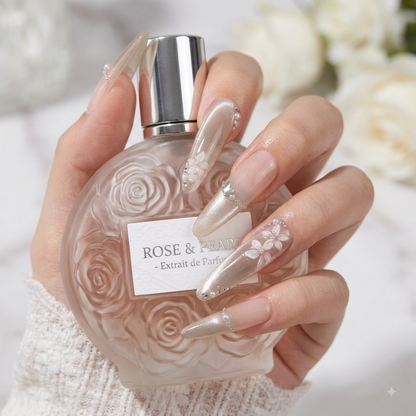 Nude floral press on nails with silver rhinestones holding a perfume bottle
