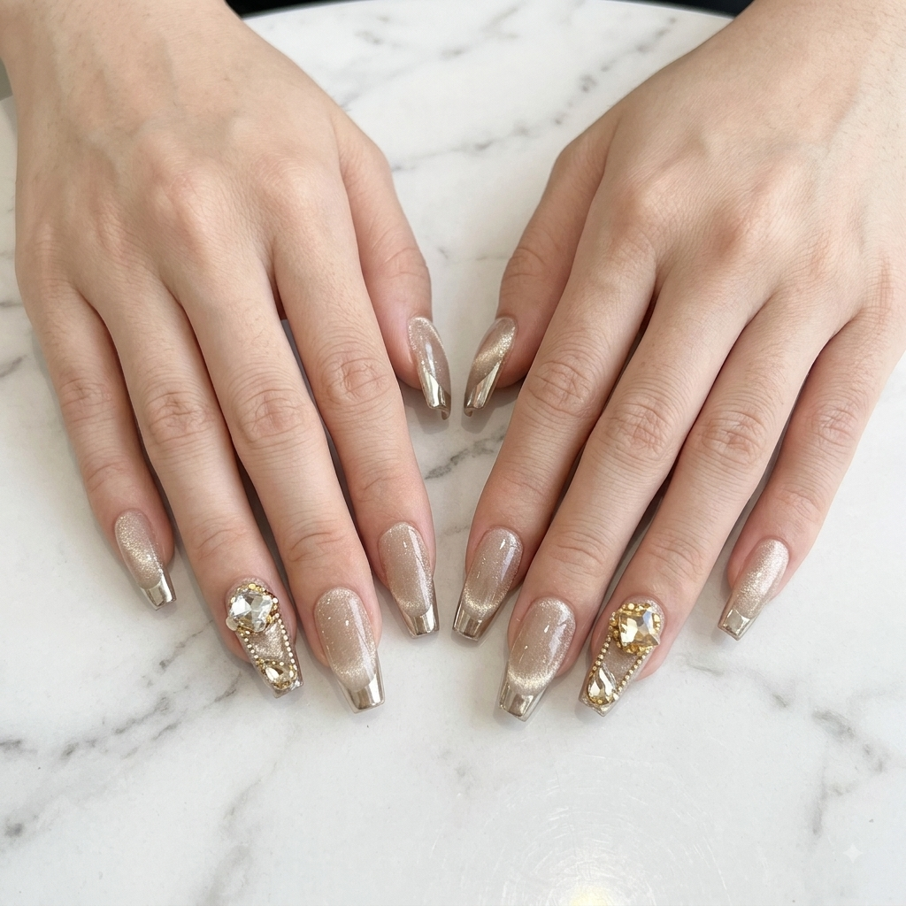 Nude gold press on nails worn on both hands with metallic French tips