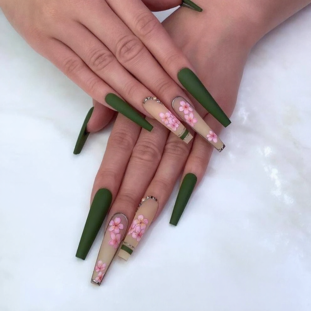 Olive Blossom Press-On Nails with matte olive green finish and pink cherry blossom flowers