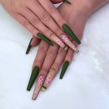Olive Blossom Press-On Nails with matte olive green finish and pink cherry blossom flowers
