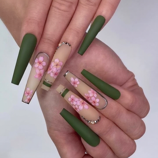 Olive green and nude floral press on nails with pink cherry blossom design, handmade luxury fake nails