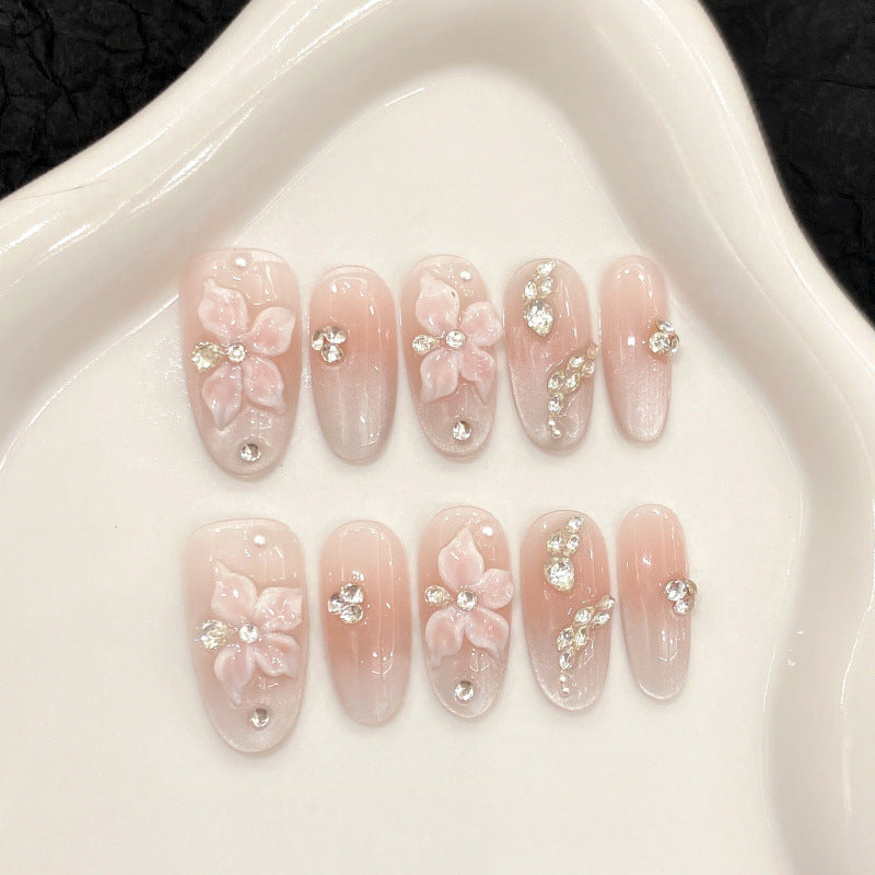 Pink 3D Floral Press On Nail Set with Rhinestone Details
