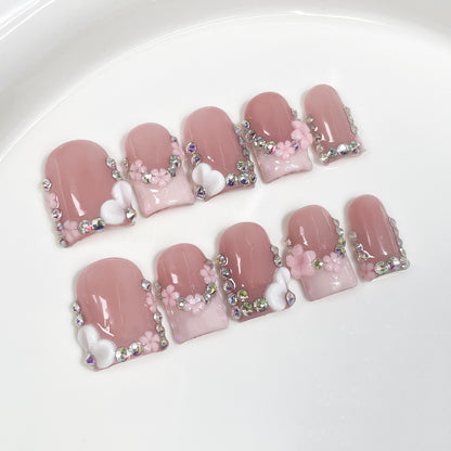 Pink 3D Flower Press On Nails with White Hearts and Crystal Rhinestones