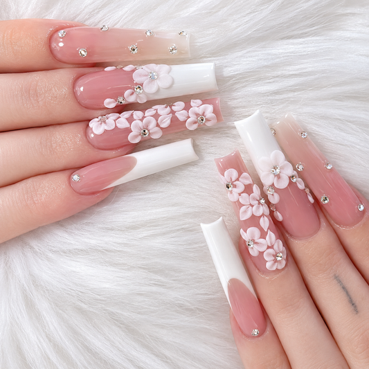 Pink 3D floral French press on nails with white flowers and crystal rhinestones