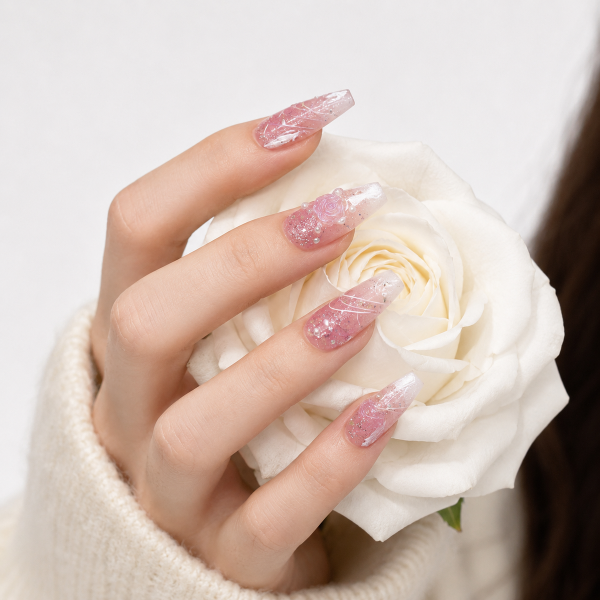 Pink 3D flower glitter press on nails holding white rose