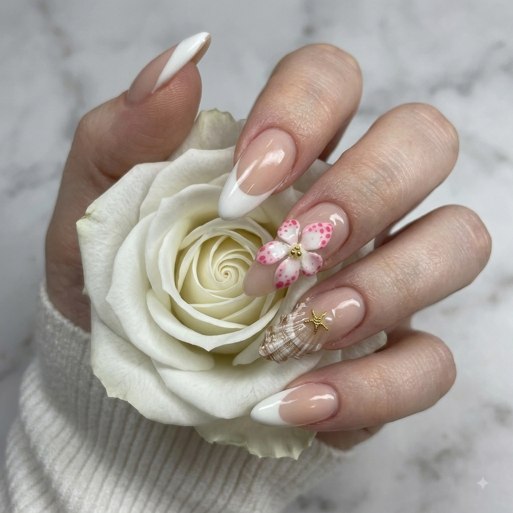 Pink 3D flower press on nails with crystal accents holding a white rose