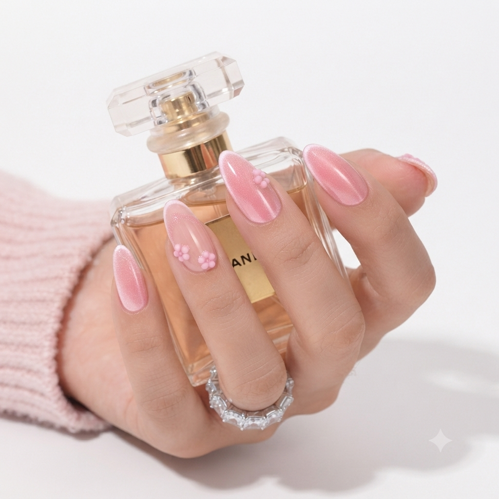 Pink Almond Press On Nails with Perfume Bottle – Luxury Nail Set