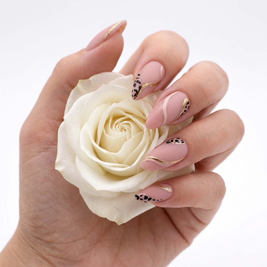 Pink Almond Press On Nails with White Rose – Elegant Nail Set