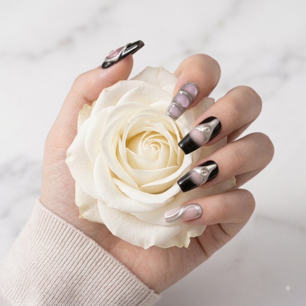 Pink Black Chrome Press On Nails with Silver 3D Nail ArtPink and Black Press On Nail Set – Silver Chrome 3D Design