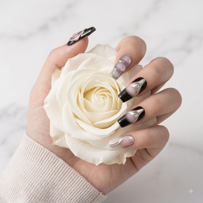 Pink Black Chrome Press On Nails with Silver 3D Nail ArtPink and Black Press On Nail Set – Silver Chrome 3D Design