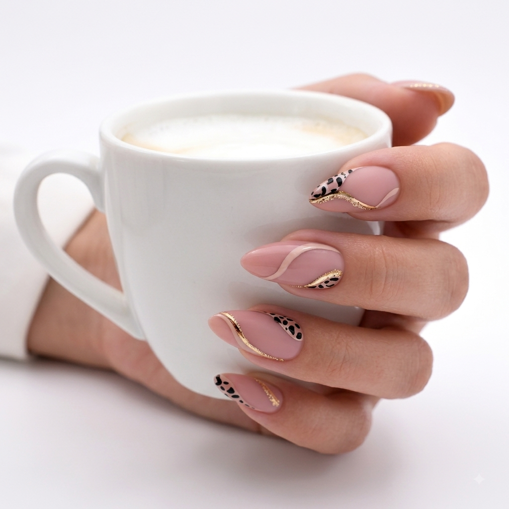 Pink Black Press On Nails with Gold Floral Design