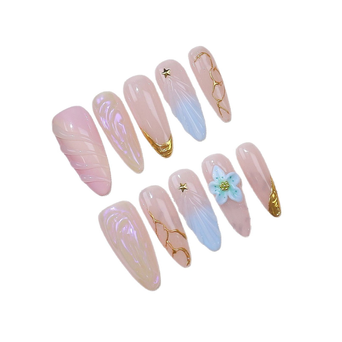 Pink Blue 3D Flower Gold Press On Nail Set