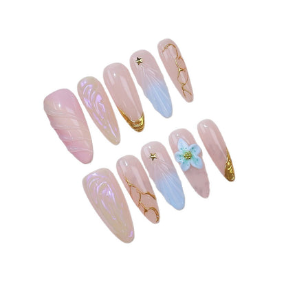 Pink Blue 3D Flower Gold Press On Nail Set