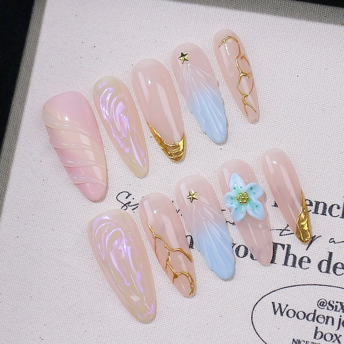 Pink Blue Floral Almond Press On Nail Set