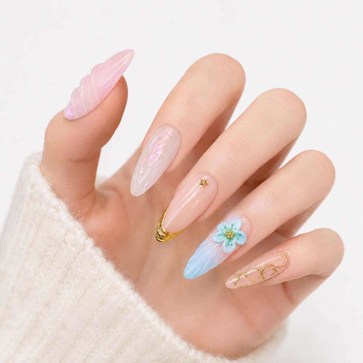 Pink Blue Floral Press On Nails with Gold Accents