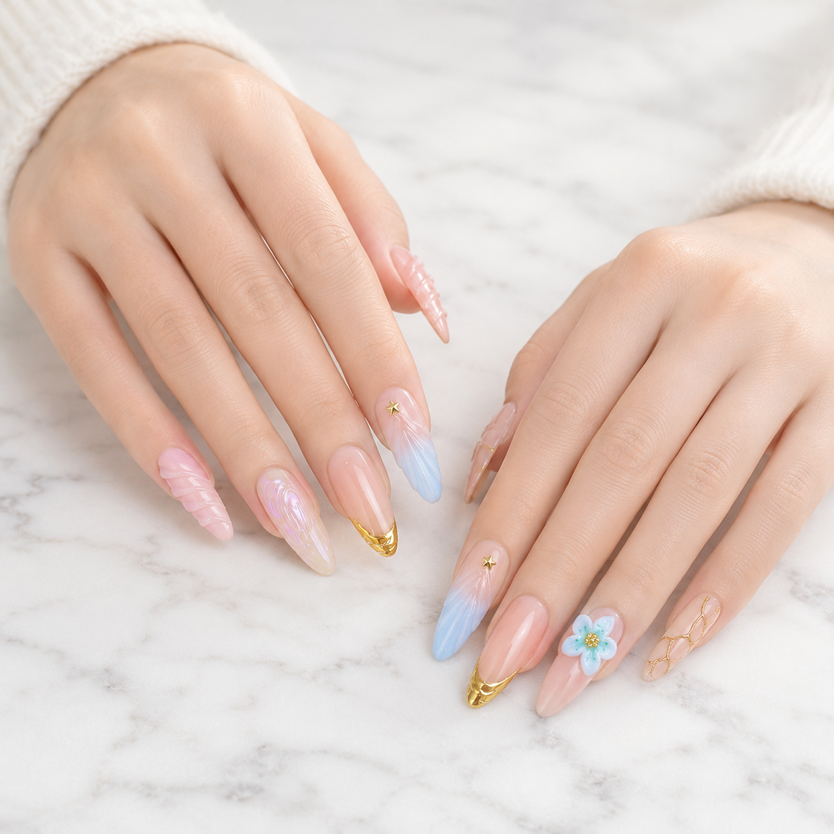 Pink Blue Gold Press On Nails on Hands