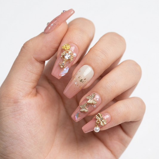 Pink Butterfly Press On Nails with 3D Bow and Pearl Charms