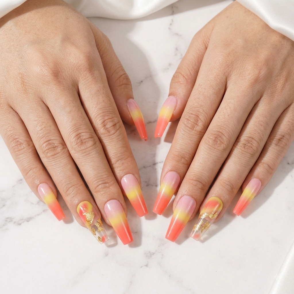 Pink Coral Orange Ombre Press On Nails – Long Coffin Set