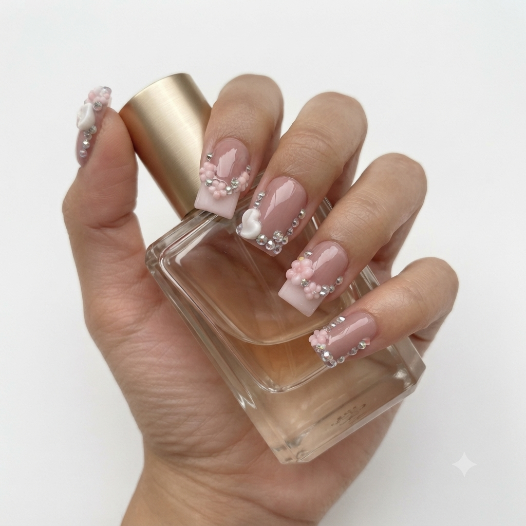 Pink Crystal Press On Nails with 3D Floral and Heart Decorations
