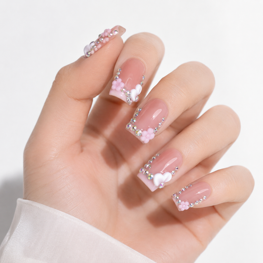 Pink Crystal Press On Nails with 3D Flowers and White Heart Charms
