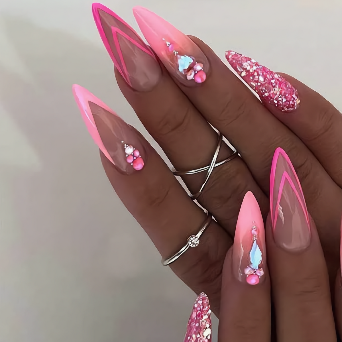 Pink Double French Press On Nails with rhinestones and glitter