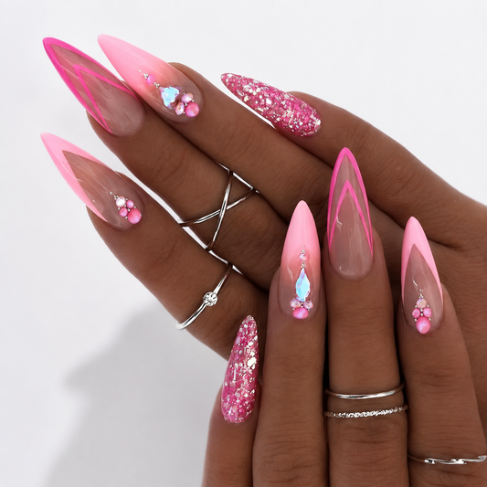 Pink Double French Press On Nails with rhinestones and glitter