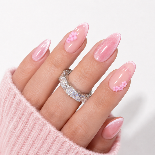 Pink Floral Almond Press On Nails with 3D Flowers and Shimmer