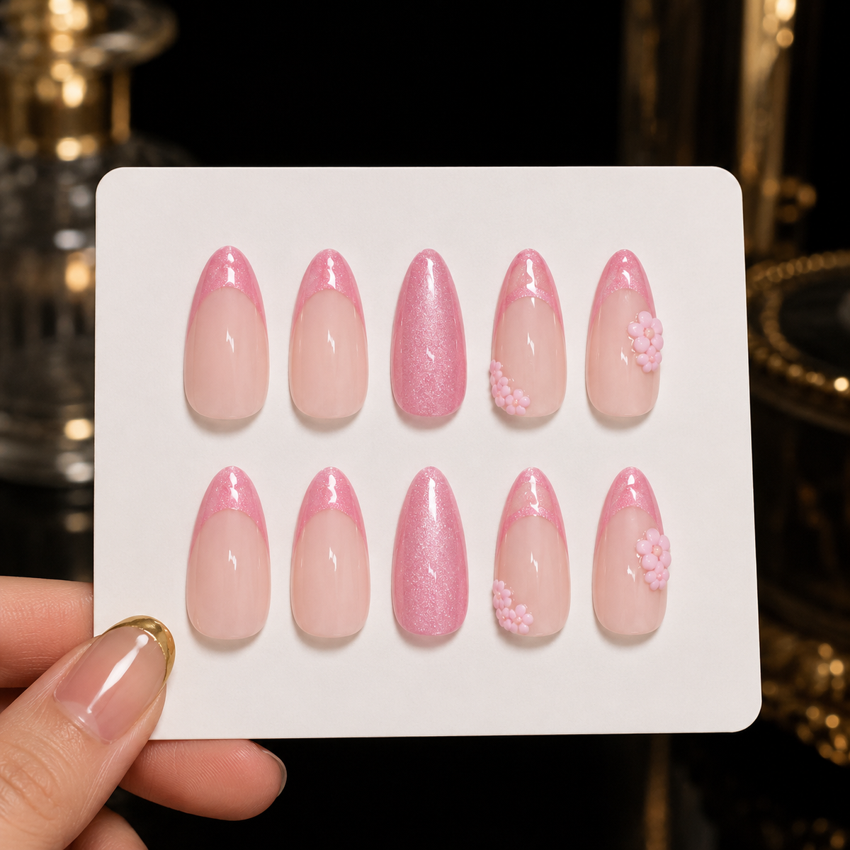 Pink Floral Press On Nails Set on Display Card