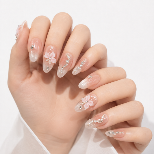 Pink Floral Press On Nails with 3D Flowers and Rhinestones