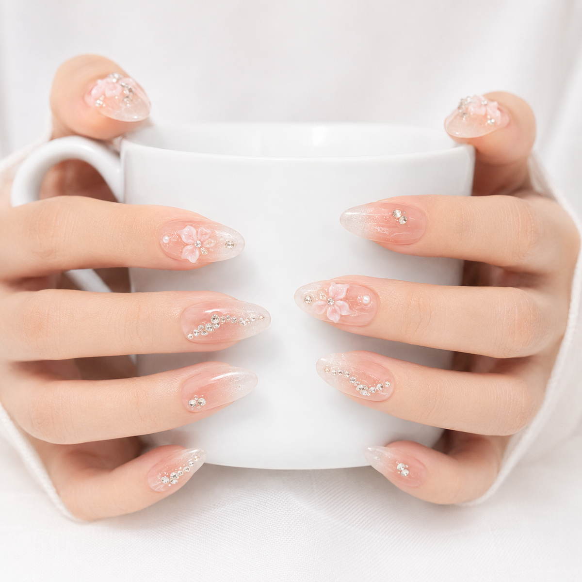 Pink Floral Press On Nails with Rhinestones for Women