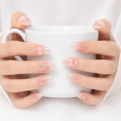 Pink Floral Press On Nails with Rhinestones for Women