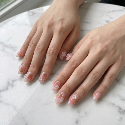 Pink Floral Press On Nails with Strawberry Nail Art