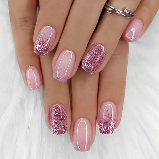 Pink Glitter Press On Nails with Short Square Design
