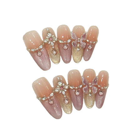 Pink Gold Glitter Press On Nail Set with 3D Butterfly Flowers and Rhinestones