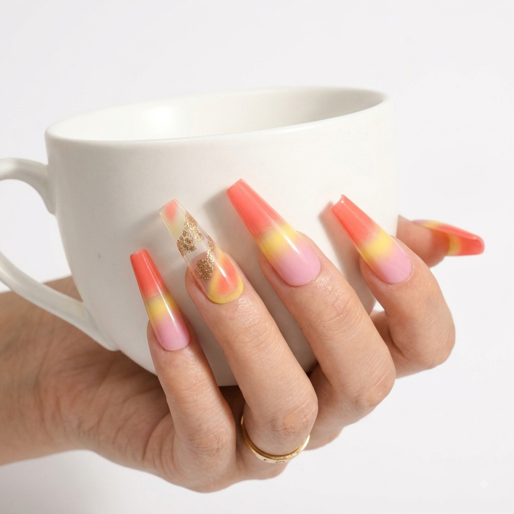 Pink Orange Ombre Press On Nails – Luxury Summer Nail Set